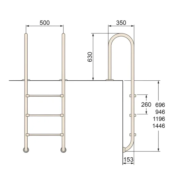 Leiter – Edelstahl – Standard, mit Anker, 3 Stufen, AISI 316
